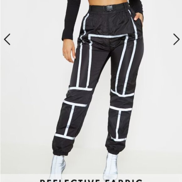 PLT, Black Shell Reflective Tape Belt Detail Joggers - Size 4 - Picture 1 of 3